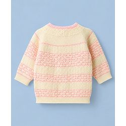 Babyhug Knit Raglan Full Sleeves Striped Four Piece Sweater Set With Cap & Booties - OffWhite