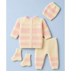 Babyhug Knit Raglan Full Sleeves Striped Four Piece Sweater Set With Cap & Booties - OffWhite