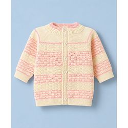 Babyhug Knit Raglan Full Sleeves Striped Four Piece Sweater Set With Cap & Booties - OffWhite
