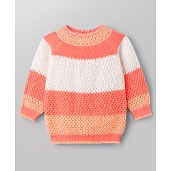 Babyhug Knit Full Raglan Sleeves Striped Sweater Set with Cap & Booties - Coral