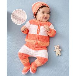 Babyhug Knit Full Raglan Sleeves Striped Sweater Set with Cap & Booties - Coral