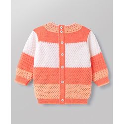 Babyhug Knit Full Raglan Sleeves Striped Sweater Set with Cap & Booties - Coral