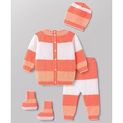 Babyhug Knit Full Raglan Sleeves Striped Sweater Set with Cap & Booties - Coral