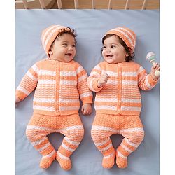 Babyhug Knit Full Raglan Sleeves Front Open Striped Sweater Set With Cap & Booties - Orange
