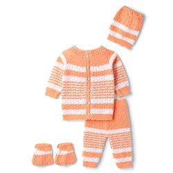 Babyhug Knit Full Raglan Sleeves Front Open Striped Sweater Set With Cap & Booties - Orange