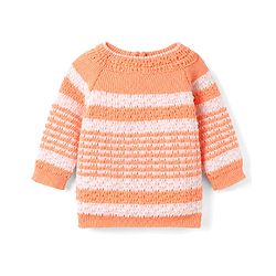 Babyhug Knit Full Raglan Sleeves Front Open Striped Sweater Set With Cap & Booties - Orange