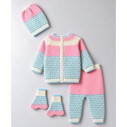 Babyhug Knit Full Sleeves Colour Block Designed Sweater Set with Cap & Booties - Pink