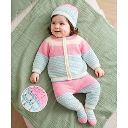 Babyhug Knit Full Sleeves Colour Block Designed Sweater Set with Cap & Booties - Pink