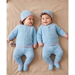 Babyhug Knit Full Raglan Sleeves Front Open Striped Sweater Set With Cap & Booties - Light Blue