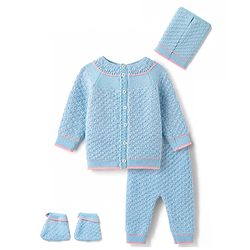 Babyhug Knit Full Raglan Sleeves Front Open Striped Sweater Set With Cap & Booties - Light Blue