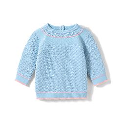 Babyhug Knit Full Raglan Sleeves Front Open Striped Sweater Set With Cap & Booties - Light Blue
