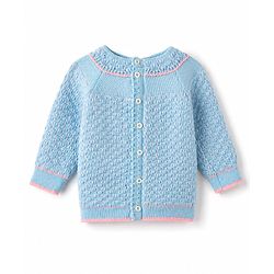 Babyhug Knit Full Raglan Sleeves Front Open Striped Sweater Set With Cap & Booties - Light Blue