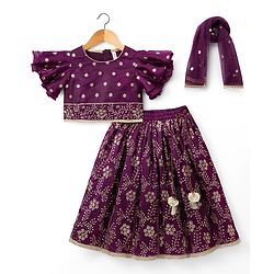 Babyhug Chanderi Woven Half Sleeves Floral Embroidered Choli & Lehenga Set With Dupatta - Wine