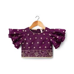 Babyhug Chanderi Woven Half Sleeves Floral Embroidered Choli & Lehenga Set With Dupatta - Wine