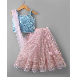 Babyhug Net Woven Sleeveless Choli Lehenga Set with Sequin Detailing & Dupatta - Pink