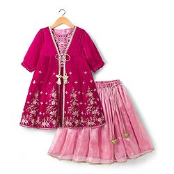 Babyhug Net Woven Choli Legenga Set with Floral Embroidery & Three Fourth Sleeves Jacket - Pink