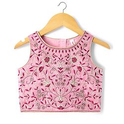Babyhug Net Woven Choli Legenga Set with Floral Embroidery & Three Fourth Sleeves Jacket - Pink