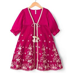 Babyhug Net Woven Choli Legenga Set with Floral Embroidery & Three Fourth Sleeves Jacket - Pink