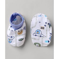 Babyhug 100% Cotton Interlock Knit Mittens & Booties with Animal Vehicle Print - White
