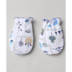 Babyhug 100% Cotton Interlock Knit Mittens & Booties with Animal Vehicle Print - White