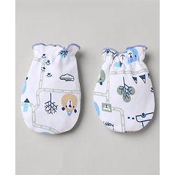 Babyhug 100% Cotton Interlock Knit Mittens & Booties with Animal Vehicle Print - White