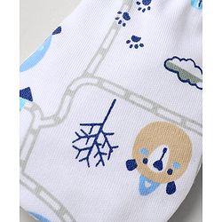 Babyhug 100% Cotton Interlock Knit Mittens & Booties with Animal Vehicle Print - White
