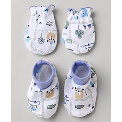 Babyhug 100% Cotton Interlock Knit Mittens & Booties with Animal Vehicle Print - White