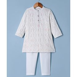 Babyhug Georgette Woven Full Sleeves Embroidered Kurta Pyjama Set With Sequin Detailing - White