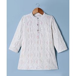 Babyhug Georgette Woven Full Sleeves Embroidered Kurta Pyjama Set With Sequin Detailing - White