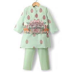 Babyhug Woven Full Sleeves Kurta Pyjama Set with Embroidered & Printed Nehru Jacket - Green