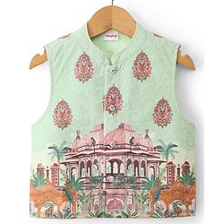 Babyhug Woven Full Sleeves Kurta Pyjama Set with Embroidered & Printed Nehru Jacket - Green