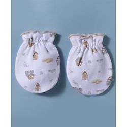 Babyhug 100% Cotton Interlock Knit Mittens and Booties Set With Rainbow Print - White