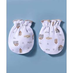 Babyhug 100% Cotton Interlock Knit Mittens and Booties Set With Rainbow Print - White
