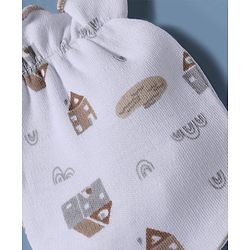 Babyhug 100% Cotton Interlock Knit Mittens and Booties Set With Rainbow Print - White