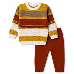 Babyhug Knit Full Sleeves Colour Block Striped Sweater Set- Mustard