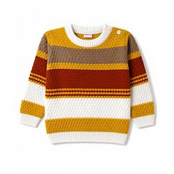 Babyhug Knit Full Sleeves Colour Block Striped Sweater Set- Mustard