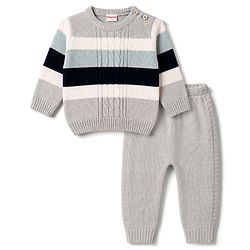 Babyhug Knitted Full Sleeves Striped Sweater Set - Grey
