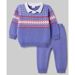 Babyhug Knitted Full Sleeves Collared Sweater Set - Lavender