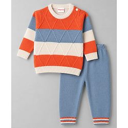Babyhug Knitted Full Sleeves Striped Sweater Set - Orange