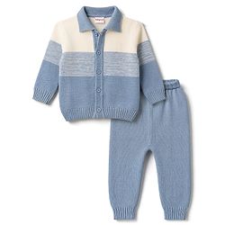 Babyhug Knitted Full Sleeves Striped Sweater Set - Light Blue