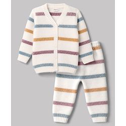 Babyhug Knitted Full Sleeves Striped Co-Ord Sweater Set - White