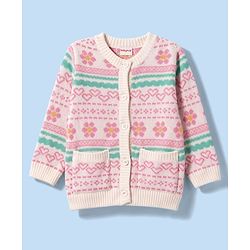 Babyhug Knit Full Sleeves Sweater Set With Floral & Hearts Design - White & Pink