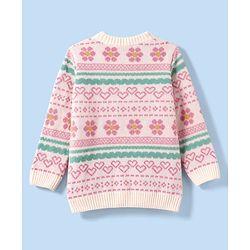 Babyhug Knit Full Sleeves Sweater Set With Floral & Hearts Design - White & Pink