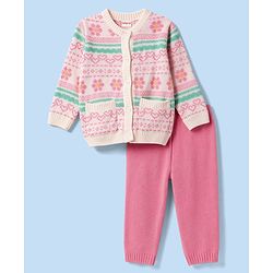 Babyhug Knit Full Sleeves Sweater Set With Floral & Hearts Design - White & Pink