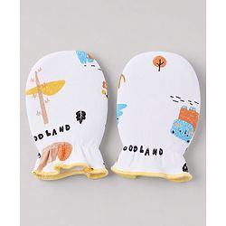 Babyhug 100% Cotton Interlock Knit Mittens & Booties Set With Teddy Bear Print - White