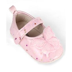 Cute Walk by Babyhug Velcro Closure Butterfly Applique Sequinned Booties With Glitter - Pink