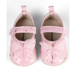 Cute Walk by Babyhug Velcro Closure Butterfly Applique Sequinned Booties With Glitter - Pink