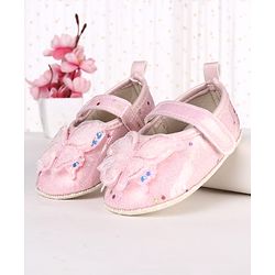 Cute Walk by Babyhug Velcro Closure Butterfly Applique Sequinned Booties With Glitter - Pink