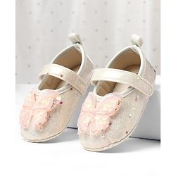 Cute Walk by Babyhug Velcro Closure Butterfly Applique Sequinned Booties With Glitter - Pink