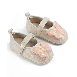 Cute Walk by Babyhug Velcro Closure Butterfly Applique Sequinned Booties With Glitter - Pink
